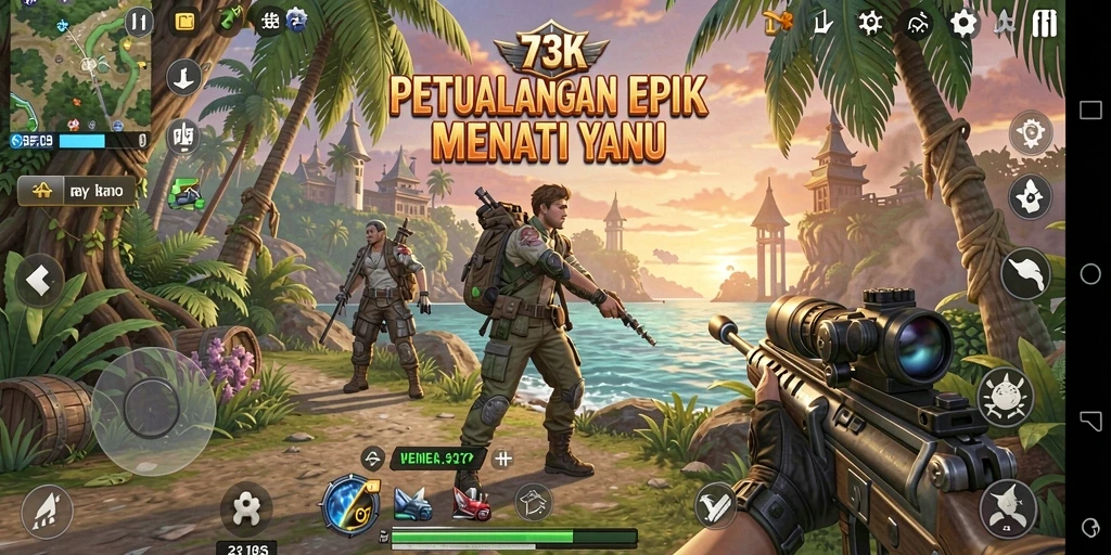 Screenshot gameplay 73K yang menunjukkan aksi petualangan yang mendebarkan.