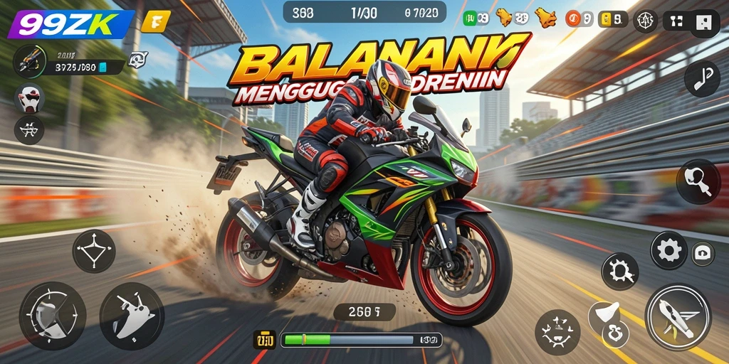 Gameplay seru di lintasan balap dengan motor kustomisasi.