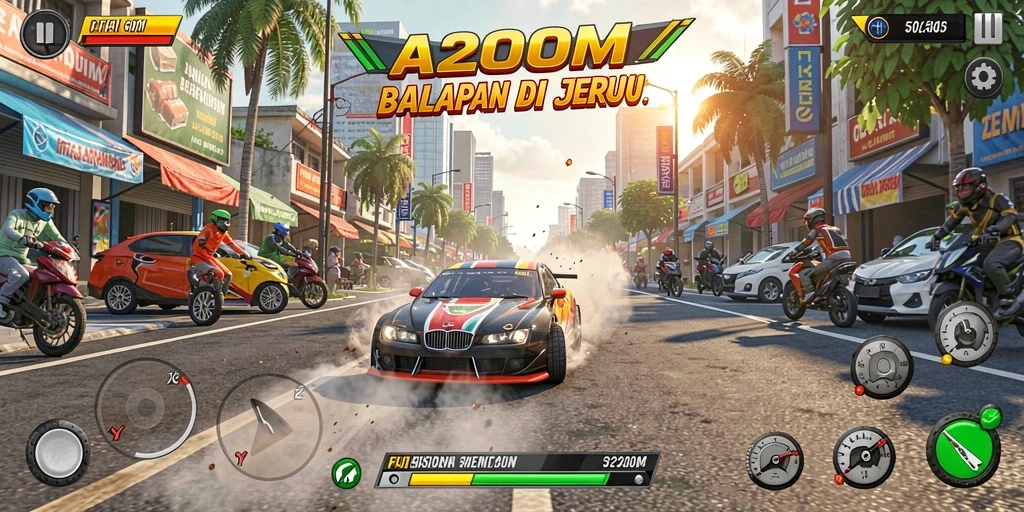 Tangkapan layar gameplay A200M yang menampilkan balapan seru.
