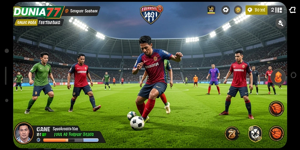 Tangkapan layar utama dari DUNIA77 yang menunjukkan aksi di lapangan sepak bola.