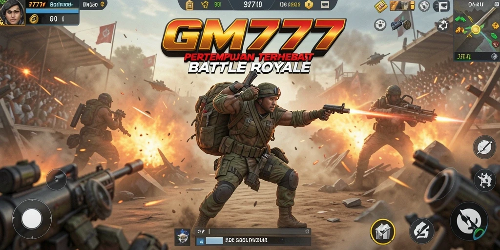 Screenshot utama GM777 menunjukkan pertempuran Battle Royale yang mendebarkan.