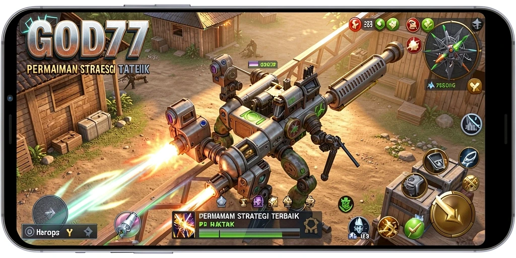 Screenshot menunjukkan pertempuran mendebarkan dalam GOD77.
