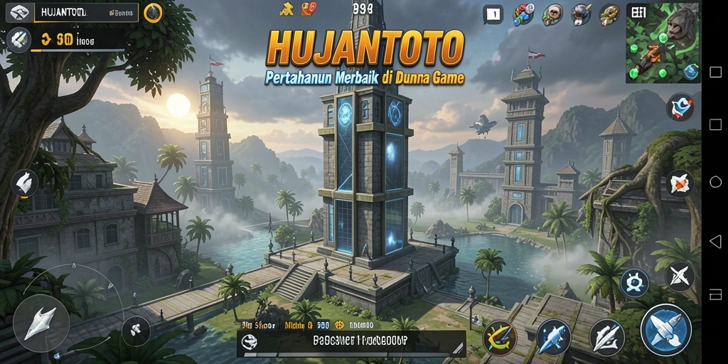 Tangkapan layar gameplay HUJANTOTO, menampilkan menara yang siap untuk bertempur.