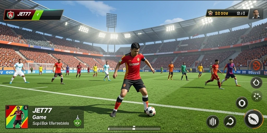Tampilan screenshot JET77 menampilkan aksi seru di lapangan sepak bola.