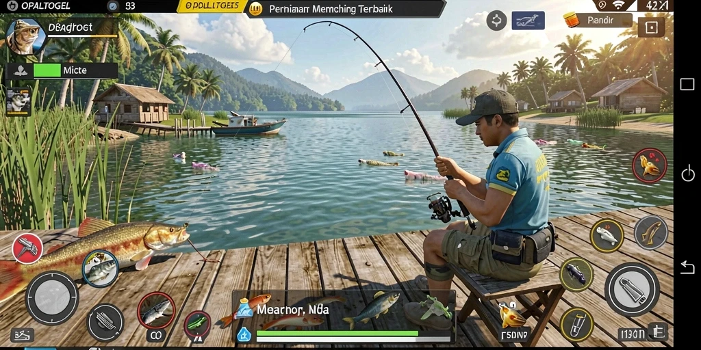 Screenshot gameplay OPALTOGEL menampilkan aksi memancing yang seru dan lokasi yang indah.