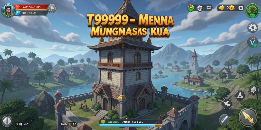 Tangkapan layar gameplay T9999 dengan tampilan menara pertahanan yang epik.
