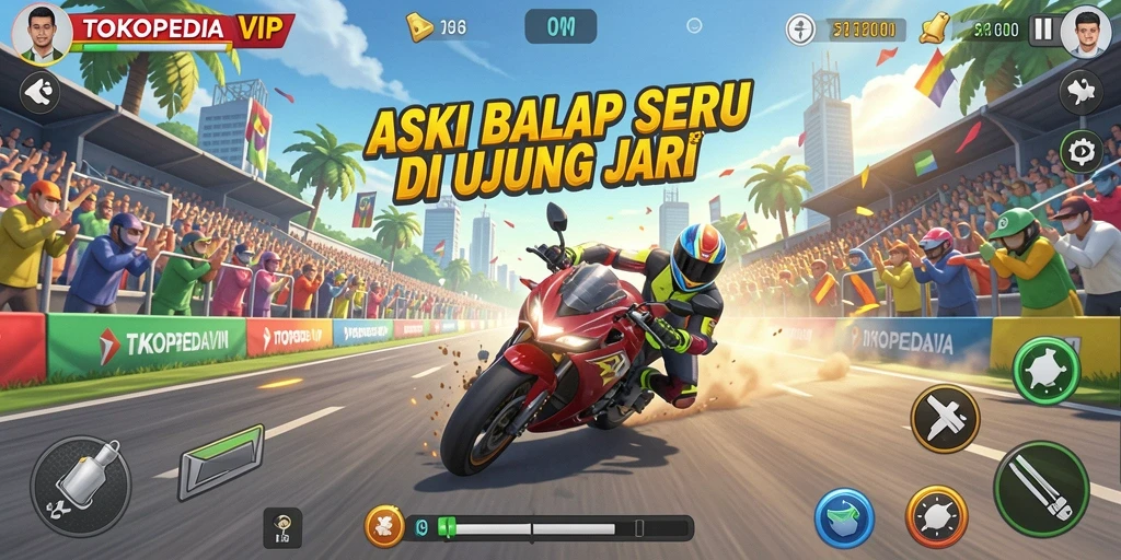 Screenshot dari gameplay TOKOPEDIAVIP menunjukkan aksi balap yang mendebarkan.